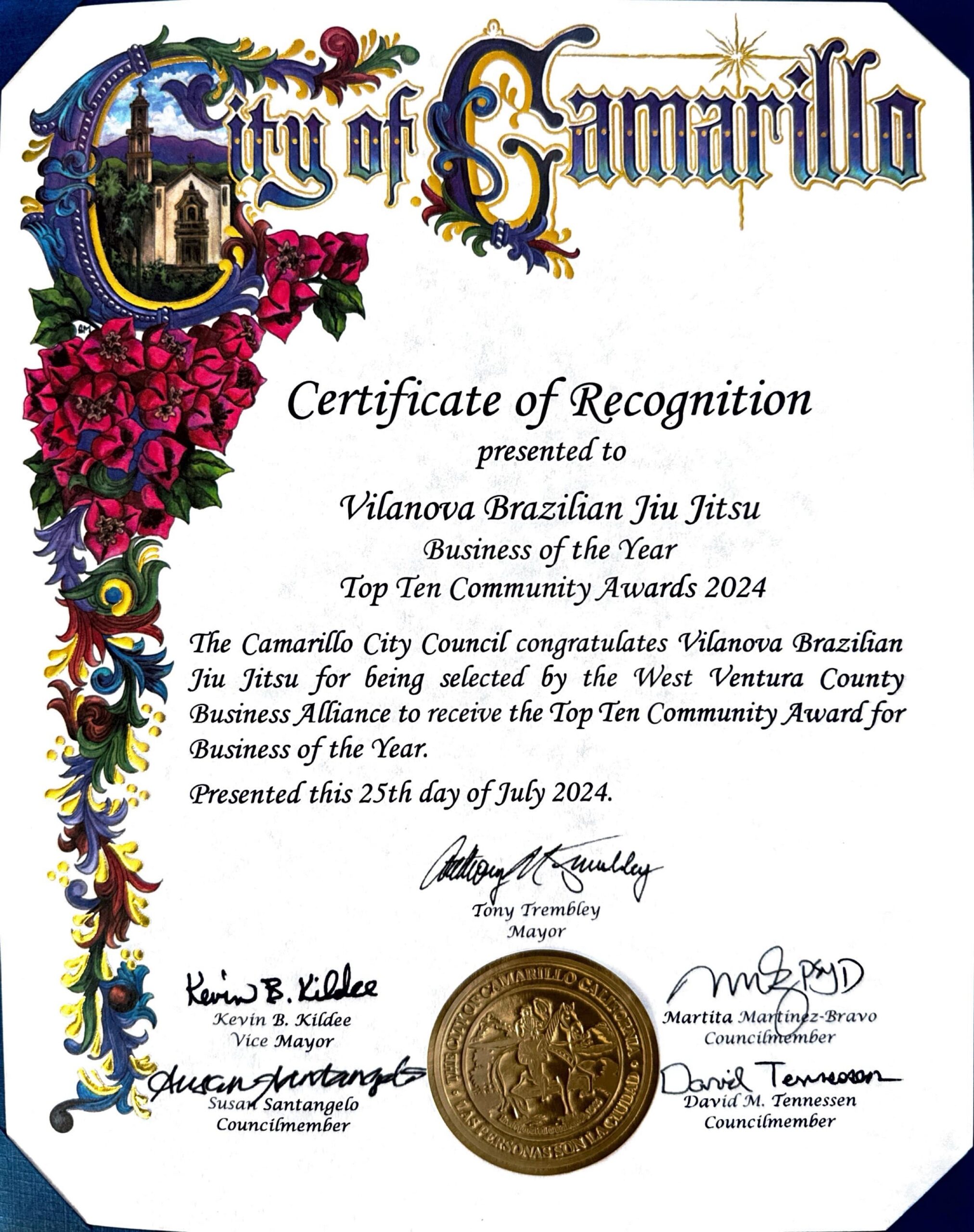 Vilanova BJJ Business Of The Year 2024 City of Camarillo